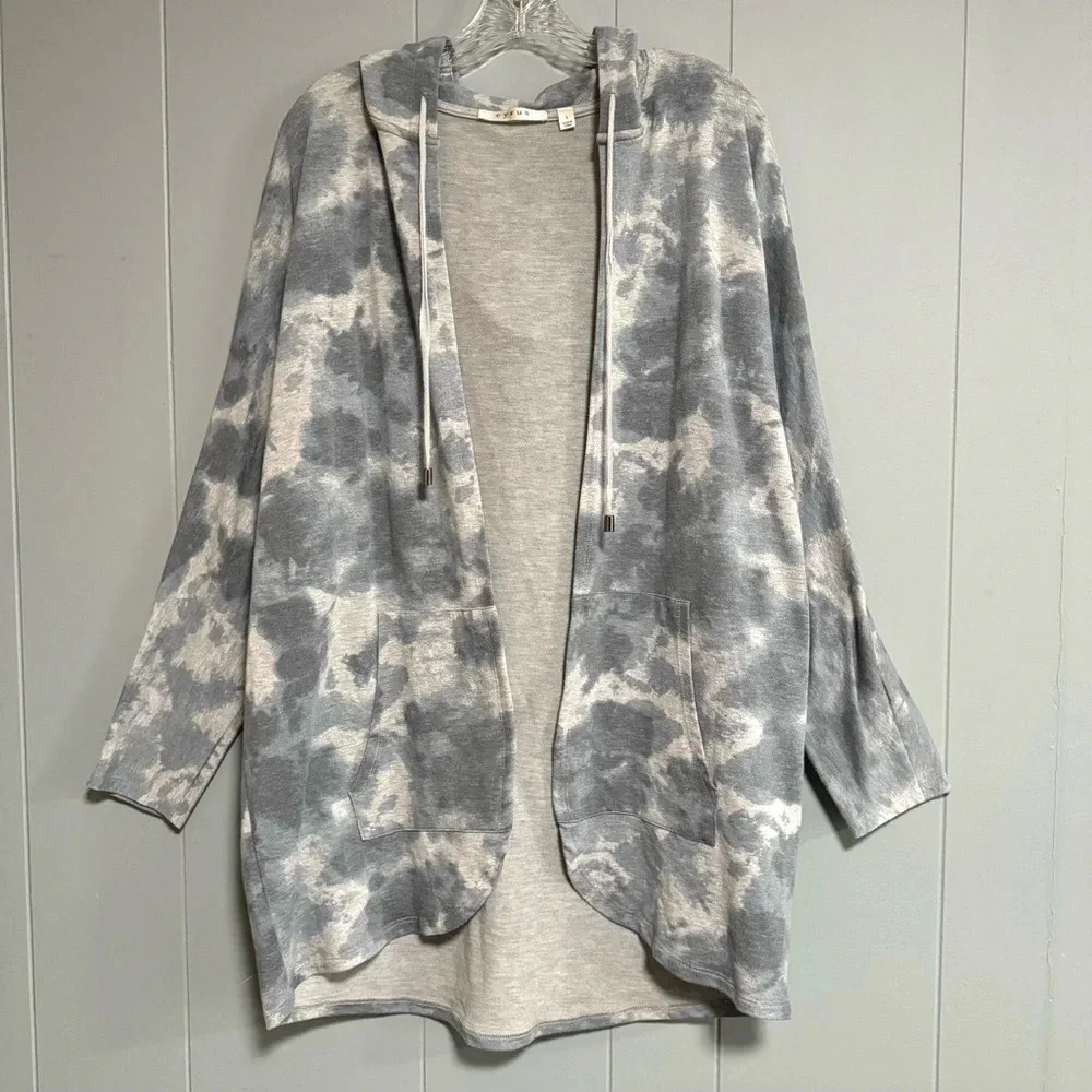 CYRUS Long Open Blue Gray Tie Dye Effect Hooded Sweatshirt Jacket Size Large